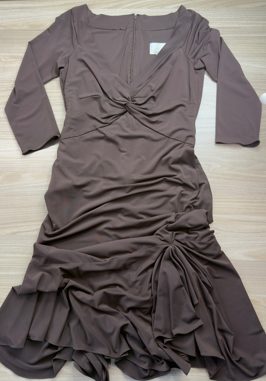 Vera Wang Women's Brown Midi Dress Size 10 Ruched Knot Front Stretch Designer